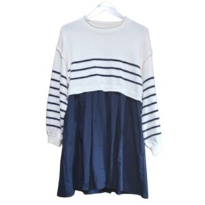 She + Sky Navy And Cream Striped Mixed Media Dress
